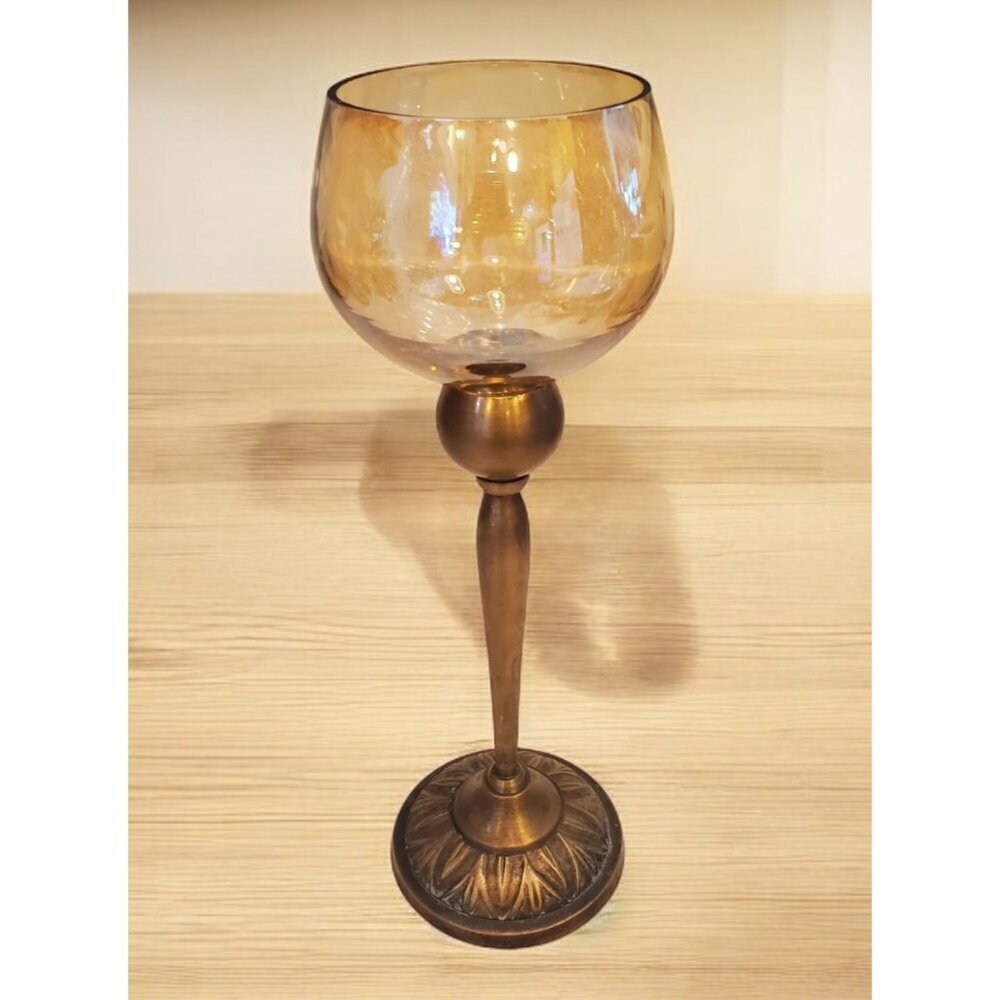 Brass And Colored Glass‎ Candle Holder Goblet Tealight Votive 10 Inches tall VTG